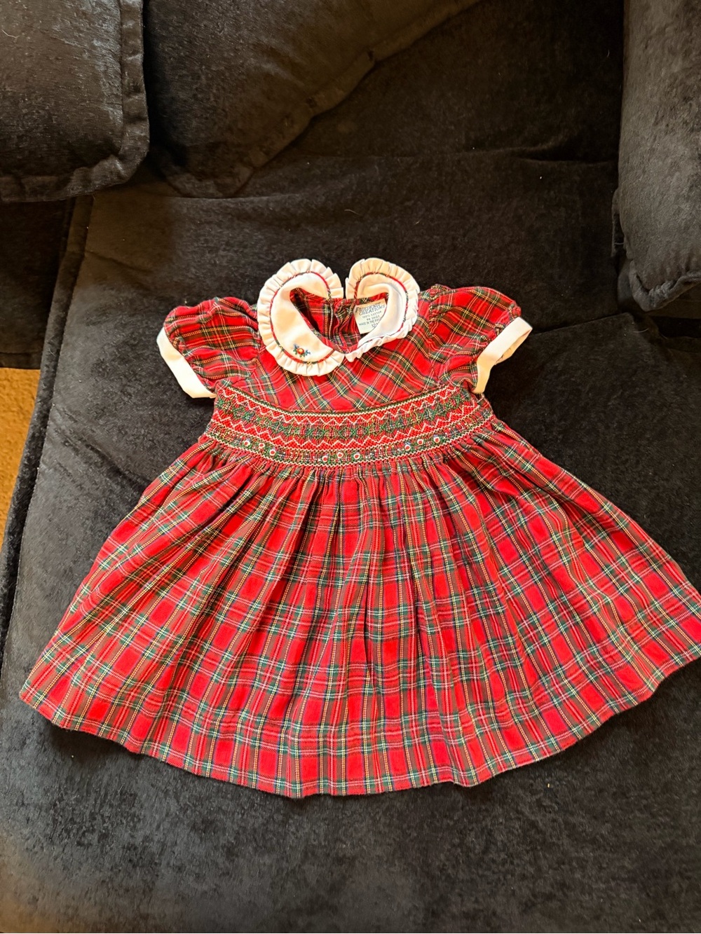 Girls' Red Plaid Smocked Dress with White Ruffled Collar